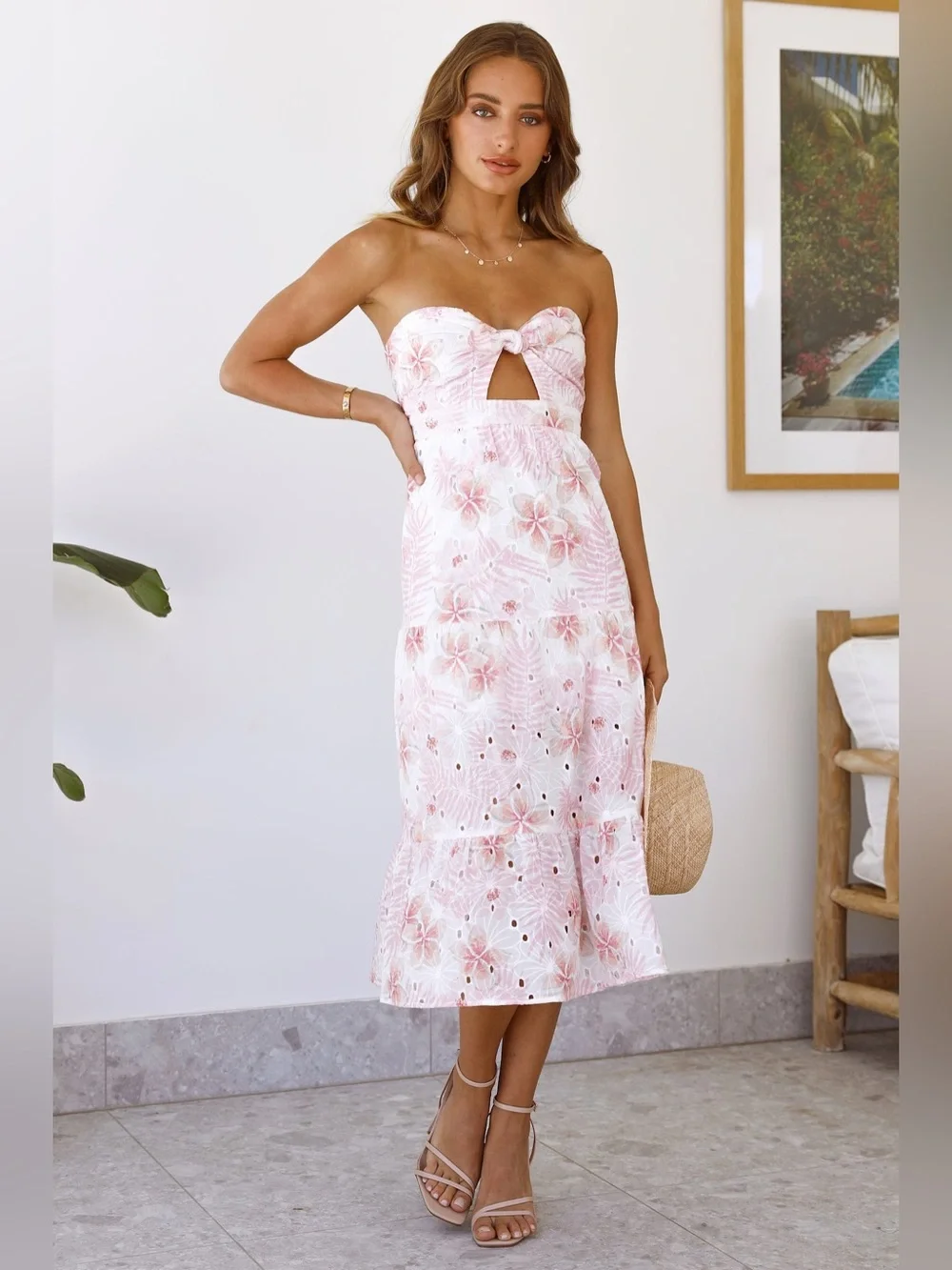 Hello Molly Dedicated To The Sun Floral Midi Dress White Pink Size Small US 4 - Picture 7 of 9